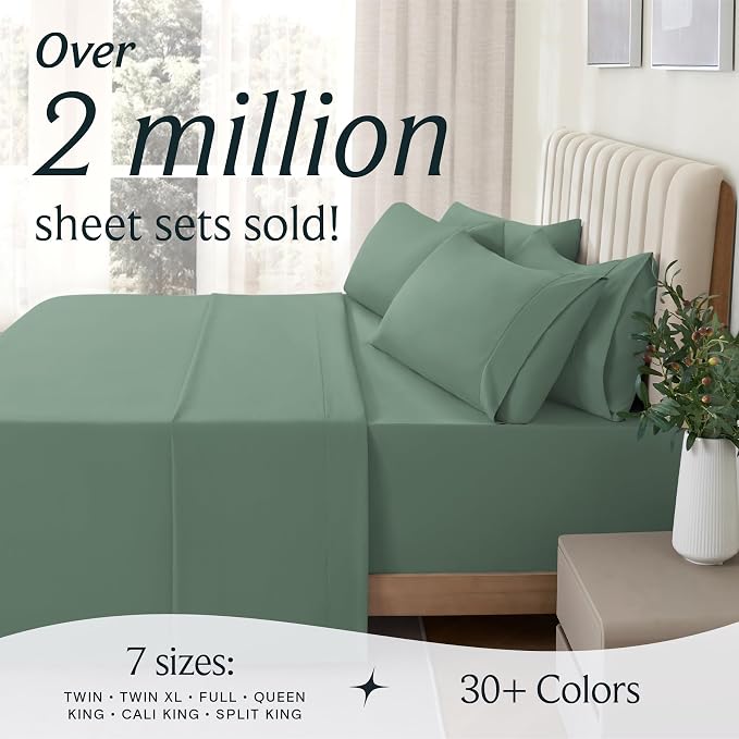 LuxClub 4 PC California King Sheet Set, Breathable Luxury Bed Sheets, Deep Pockets 18" Wrinkle Free Cooling Sheets Machine Washable Hotel Bedding Silky Soft - Tree Moss Green Cal King | LuxClub Silky Fitted Sheet & Pillowcase Sets, Breathable Hotel Lux...