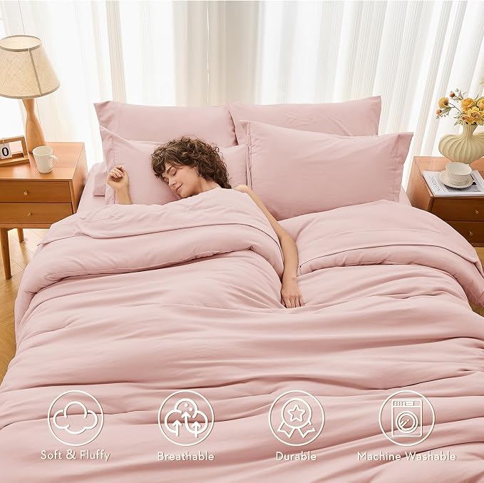 7 Pieces King Comforter Set, Soft Bed in a Bag King Size, All Season Bedding Set with Comforter, Flat Sheet, Fitted Sheet, Pillowcases & Shams, Pink