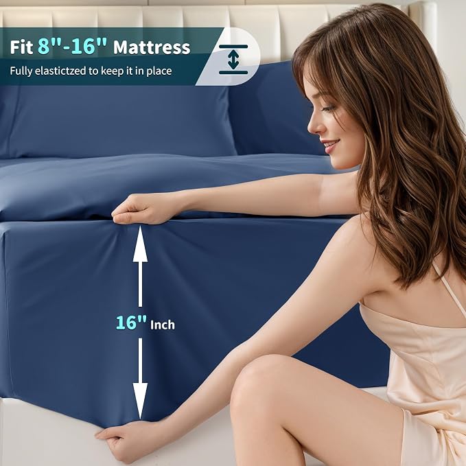 LBRO2M 100% Egyptian Cotton Sheets 1200 TC, Deep Pocket 16", 4Pcs, Cal King | Long Staple Cotton Bed Sheets, Extra Soft and Breathable Sheets, Cozy for All Seasons, Navy Blue