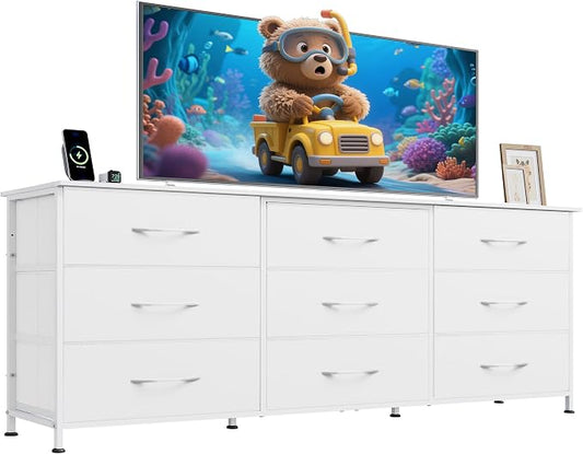 WLIVE Dresser TV Stand for 75 Inch TV, 9 Drawer Dresser for Bedroom, White | Fits TVs up to 75 inch, 9 roomy fabric drawers, Wide wood tabletop, Living room or bedroom, Chest of drawers