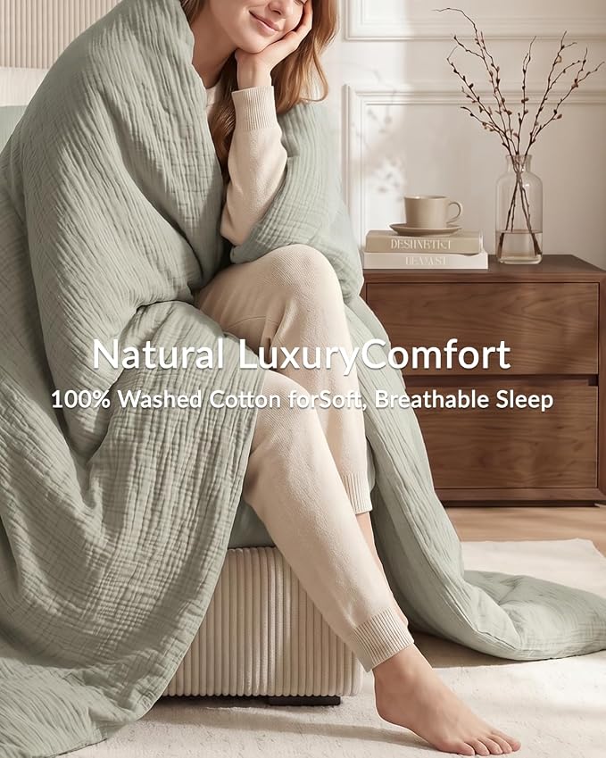 SE SOFTEXLY Muslin Duvet Cover California King Size, 100% Washed Cotton Duvet Cover Set, Ultra Soft Comforter Cover Linen Like, 3 Pieces Gauze Duvet Cover with 2 Pillowcases, 98"x104", Smoky-Green