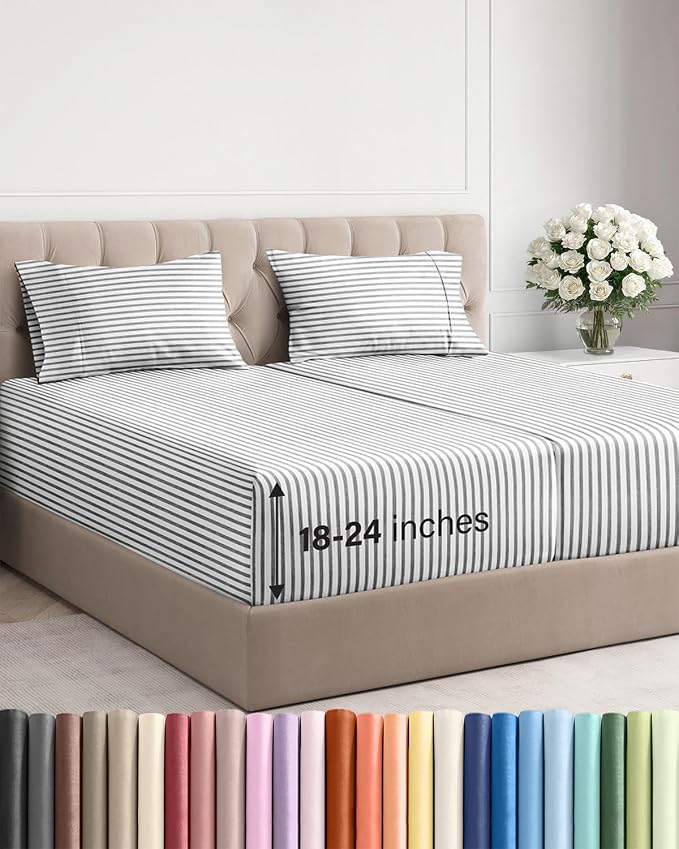 Extra Deep Split King Sheet Set - 5 Piece Breathable Cooling - Grey Stripes | Easily Fits 18 to 24 inch Mattress - Ultra Soft, Wrinkle & Fade Free with Extra Deep Pockets - Comfy Hotel Luxury Bedding