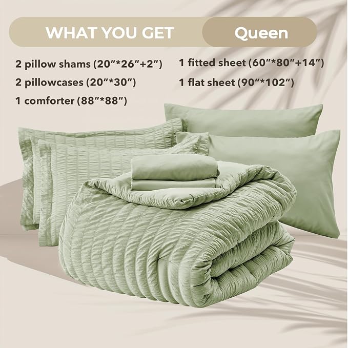 HYMOKEGE Light Green Queen Comforter Set Seersucker 7 Pieces, All Season Luxury Bed in a Bag for Bedroom, Bedding Set with Comforters, Sheets, Pillowcases & Shams