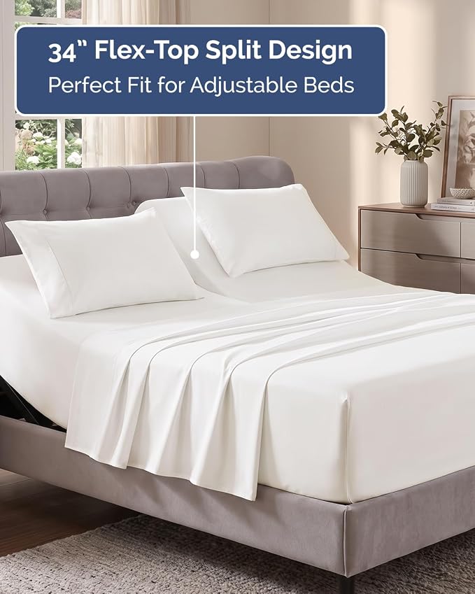 Flex Top Split Head King Sheet Set - 4 Piece Extra Deep - Antique White | Easily Fits 18 to 24 inch Mattress, Ultra Soft, Wrinkle & Fade Free with Extra Deep Pockets, Comfy Hotel Luxury Bedding