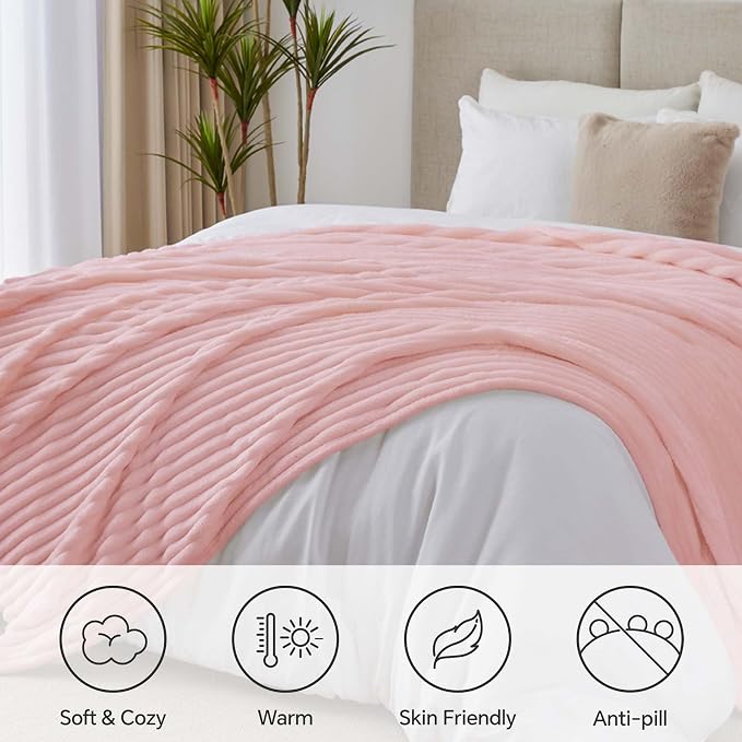 BEDELITE Blankets Queen Size for Bed, 300GSM Soft & Warm Fleece Blanket, Decorative and Giftable Striped Pink Blankets for Women, Men, 90"x90"