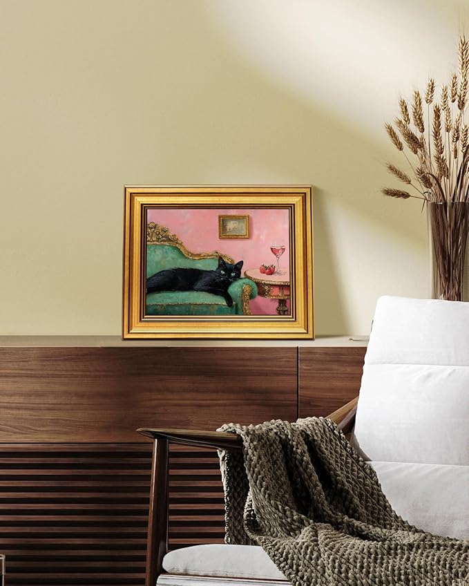 VIYYIEA Vintage Gold Framed Wall Art for Living Room, Black Cat Canvas Prints Home Decor, Oil Painting Picture, Bedroom Wall Decor Gifts for Friends or Family -【Lying Cat】-(10L x 8W)