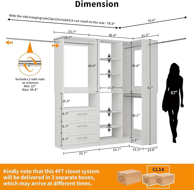 Closet System with 3 Drawers, Corner Closet Organizer Systems with 7 Shelves & 5 Hanging Rods L-Shaped Walk in Closet Freestanding Corner Tower Modular Storage System 2 Sets 1400+ Lbs Capacity White