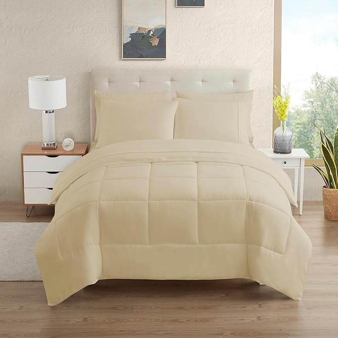 Sweet Home Collection 7 Piece Comforter Set Bag Solid Color All Season Soft Down Alternative Blanket & Luxurious Microfiber Bed Sheets, Beige, Queen