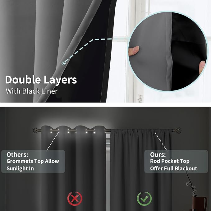 BGment Dove Grey 100% Blackout Curtains for Bedroom 63 Inch Length | Thermal Insulated Soundproof, Light Blocking, Black Out Curtains for Living Room, 2 Panels, 52 x 63 Inch