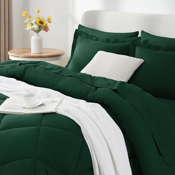 California King Comforter Set Emerald Green - 7 Pieces Bed in a Bag | OEKO-TEX Certified, All Season, 240GSM Down-Alternative Comforter, Sheets, Pillowcases & Shams, 14" Deep Pocket, Easy Care