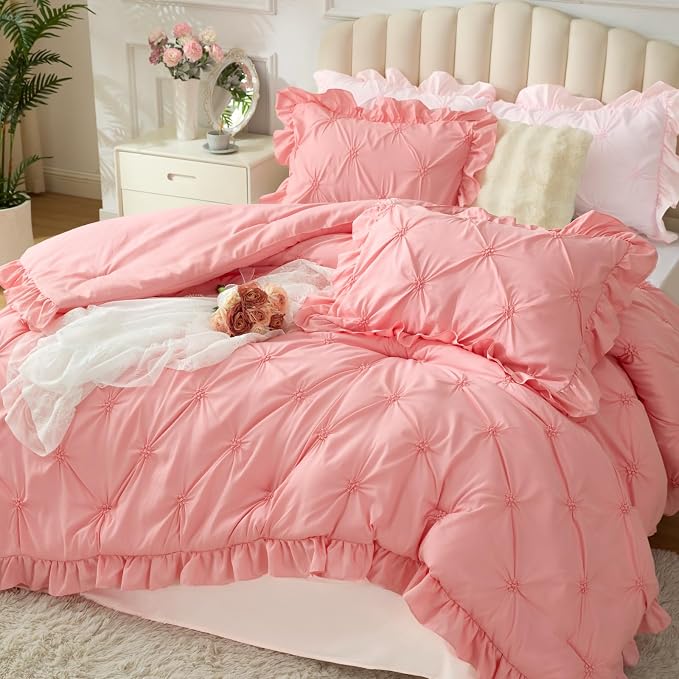 BEDELITE Twin Comforter Set Ruffle-Pink,Lightweight & Soft Comforter | Pintuck Boho Bedding, Warm & Cute Bed Set for All Season,With 1 Pillowcase