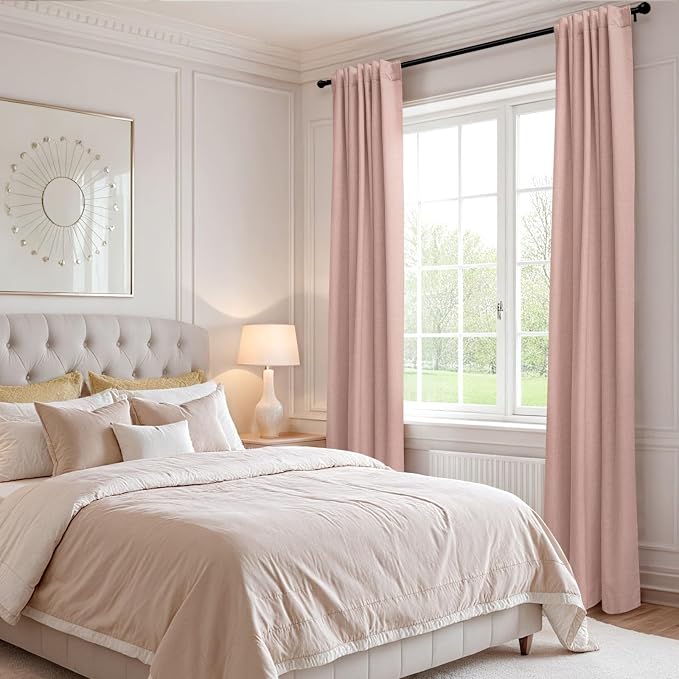 Faux Linen Total Blackout Curtains for Bedroom 84 Inch Long Blush Pink | 100% Blackout Shield, Back Tab/Rod Pocket Living Room Drapes, Thermal Insulated Blackout Curtains 2 Panels Set, 42"W x 84"L