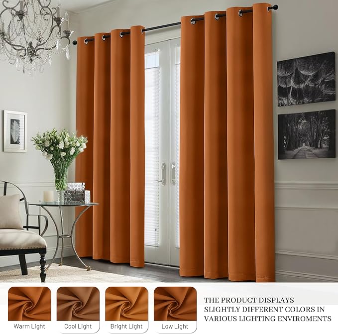 Yakamok Burnt Orange 100% Blackout Curtains 84 Inches Long 50" Wide 2 PCS | Blackout Curtain Panels for Bedroom, 2 Thick Layers Grommet Top Thermal Insulated Drapes with White Back for Living Room