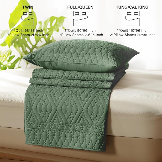 akkialla King/Cal King Size Quilt Bedding Set,Green Lightweight Microfiber Soft Bedspread,Modern Style Geometric Pattern Coverlet Set for All Seasons,3 Piece(1 Quilt,2 Pillow Shams)