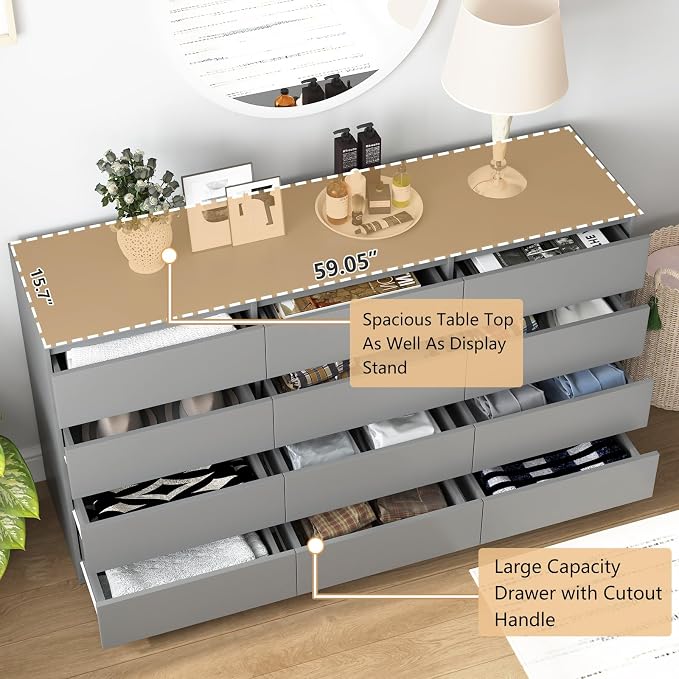 Vibe & Dine 12 Drawer Dresser, 59.1" Large Dresser for Bedroom Free Handle, Modern Wooden Chest of Drawers with Wide Storage for Living Room, Grey