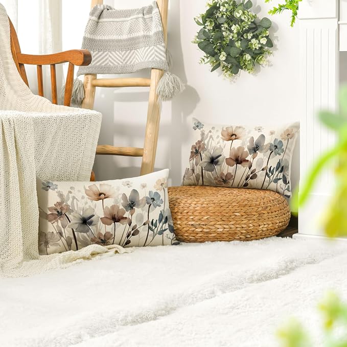 AVOIN colorlife Poppy Flowers Chinoiserie Pillow Covers 12x20 Inch Set of 2 | Seasonal Fall Leaves Cushion Case Decoration for Sofa Couch