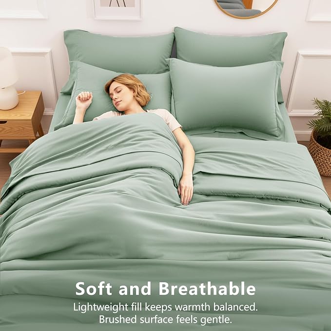 HIMEET King Comforter Set, 7-Piece Point-Quilted Bed in a Bag, Sage Green | OEKO-TEX Certified, Lightweight 240 GSM Comforter, Flat Sheet, 14-Inch Deep-Pocket Fitted Sheet, Pillowcases & Shams