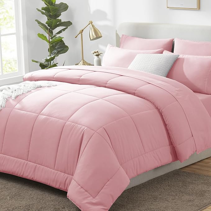 Full Size Comforter Sets Pink - 7 Pieces Bed in a Bag | OEKO-TEX Certified, All-Season, Bedroom, Guest Room, Down-Alternative Comforter + Flat & Fitted Sheets + 4 Pillowcases