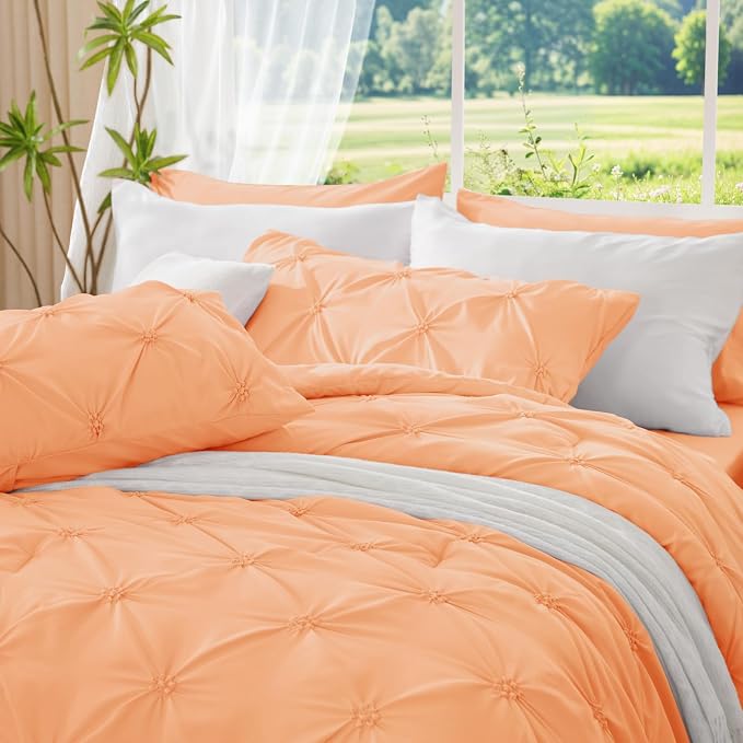 BEDELITE Queen Comforter Set Apricot,Lightweight & Soft Comforter | Pintuck Boho Bedding, Warm & Cute Bed Set for All Season,With 2 Pillowcases