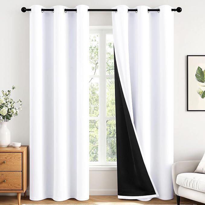 MIULEE White 100% Blackout Curtains for Bedroom 40x84 Inch Long 2 Panels | 2 Thick Layers Thermal Insulated Window Curtains with Black Liner, Noise Reducing Grommet, Drapes for Living Room