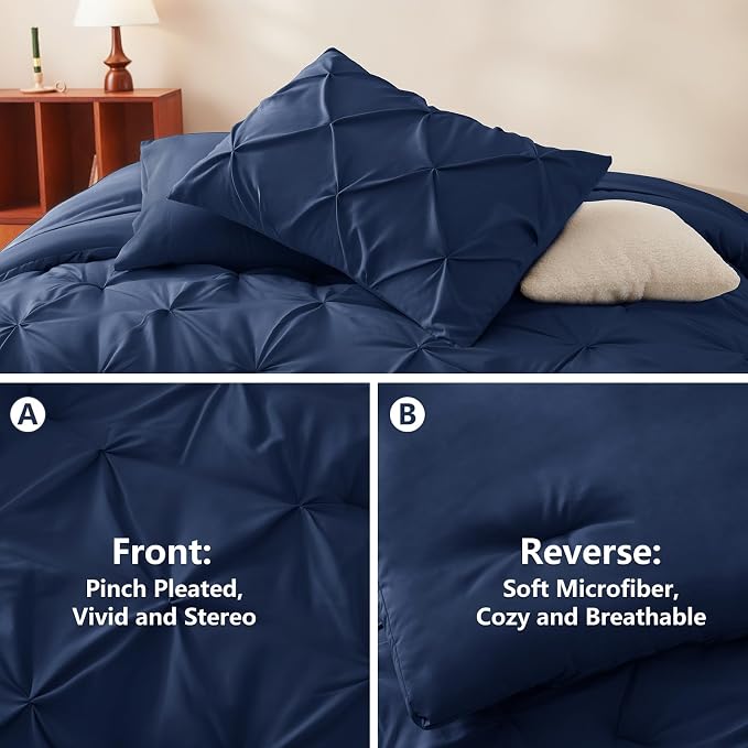 HIMEET Twin Comforter Set Navy Blue - 5 Pieces Pintuck Bed in a Bag | OEKO-TEX Certified, 240GSM Down Alternative Comforter, 14" Deep Pocket Fitted Sheet + Flat Sheet + 1 Pillowcase + 1 Sham
