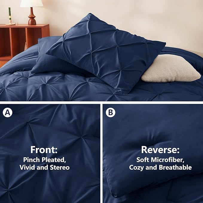 HIMEET Full Size Comforter Set Navy Blue - 7 Pieces Pintuck Bed in a Bag | OEKO-TEX Certified, 240GSM Down Alternative Comforter, 14" Deep Pocket Fitted Sheet + Flat Sheet + 2 Pillowcases + 2 Shams