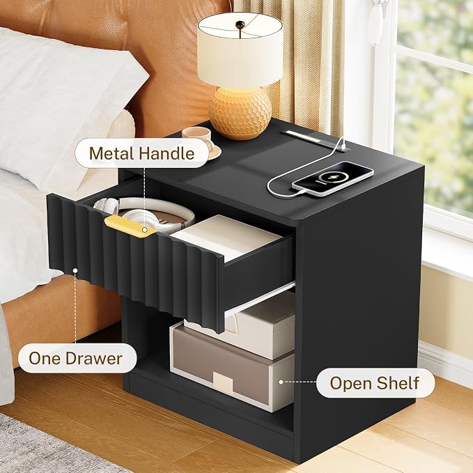 Fluted Nightstands Set of 2, Night Stand with Charging Station and LED Light, Nightstand with Storage Drawer and Open Shelf, Bedside Table for Small Space, Bedroom, Black