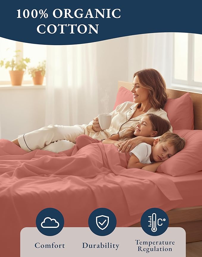 LANE LINEN Twin Sheets 100% Organic Cotton Percale Cooling Soft - Rose Dawn | 100% Organic Cotton Percale Twin Sheet Set - Easy-Care Machine Washable, Breathable For Year-Round Sleep, For Hot Sleepers