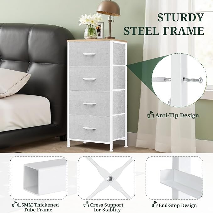 4 Drawers Dresser for Bedroom Fabric Storage Tower with Wooden Top | Steel Frame Tall Chest of Drawers for Closet, Entryway, Dorm, Light Gray