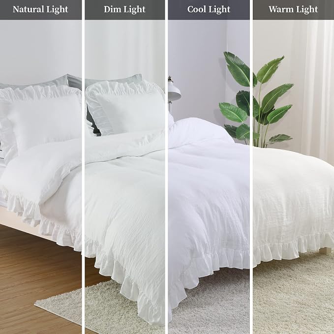 CAROMIO White Ruffle Duvet Cover Queen Size, 3PCS Soft Washed Microfiber Vintage French Country Duvet Cover Set for Queen Bed, White, 90x90 in