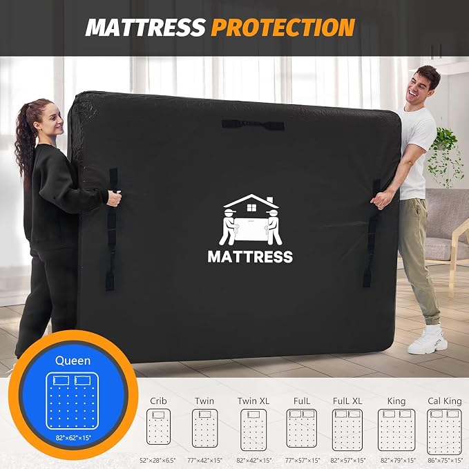 Mattress Bags for Moving, BETU Mattress Protector Waterproof Mattress Cover Queen Size Storage Bags with 8 Heavy-Duty Handles and Zipper for Bed Extra Thick Large Reusable(2 Pack, 82"x62"x15" Black)