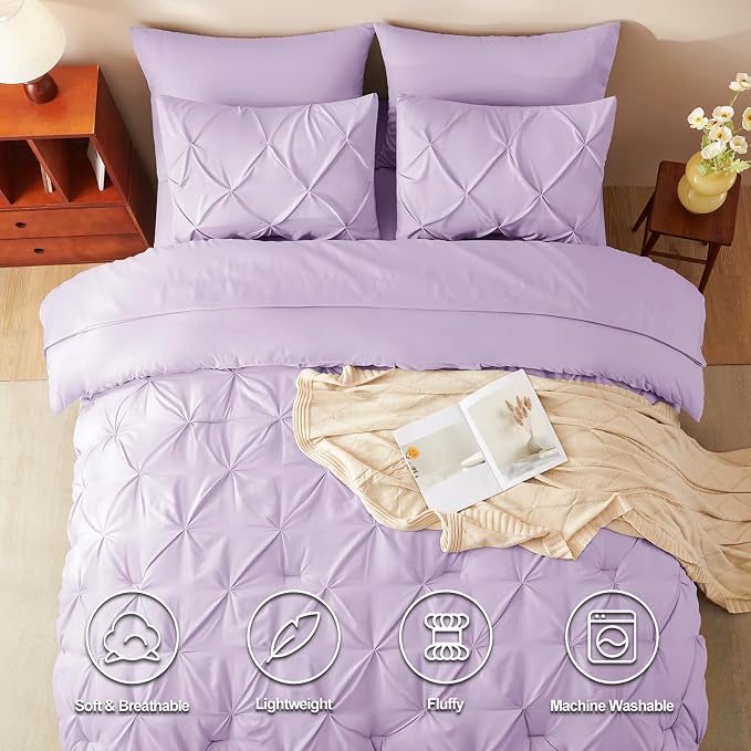HIMEET King Size Comforter Set Lavender - 7 Pieces Pintuck Bed in a Bag | OEKO-TEX Certified, 240GSM Down Alternative Comforter, 14" Deep Pocket Fitted Sheet + Flat Sheet + 2 Pillowcases + 2 Shams