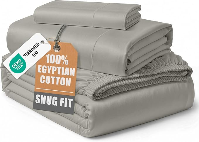 LANE LINEN Twin Size Bed Sheets 100% Egyptian Cotton Sateen - Silver | Twin Bed Sheet Set - 3-Piece Set, Ideal For Dorms And Guest Beds, For Guests And Everyday Use, Guest-Ready Comfort