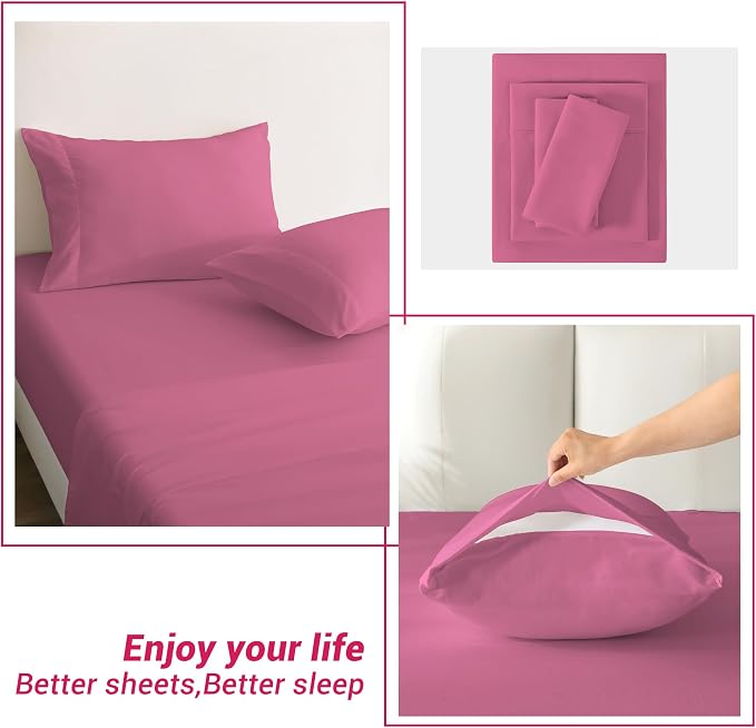 Softan Microfiber Twin Sheet Set with Non-Slip Corner Straps, Hot Pink | 15" Deep Pocket Fitted Bed Sheets, Double Brushed Microfiber, Cozy Sheets & Pillowcase for All Season