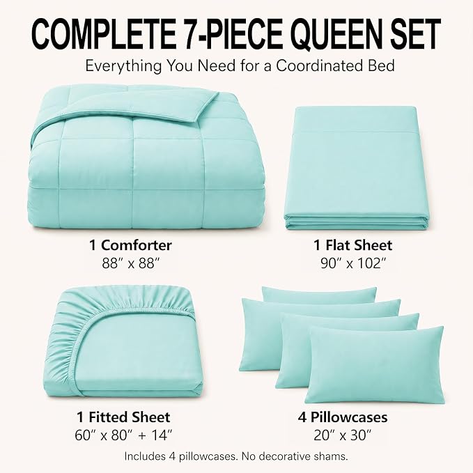 Queen Comforter Set Spa Blue - 7 Pieces Bed in a Bag | OEKO-TEX Certified, All-Season, Bedroom, Guest Room, Down-Alternative Comforter + Flat & Fitted Sheets + 4 Pillowcases
