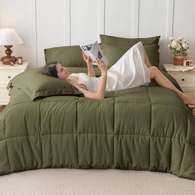 JOLLYVOGUE Queen Comforter Set, Ultra-Soft Bed in a Bag Queen Size 7 Pieces, Oeko-TEX Certified Bedding Set with Down Alternative Comforter, Sheets, Pillowcases & Shams, Olive Green
