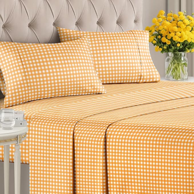 Cal King 4 Piece Striped Sheet Set - Breathable & Cooling - Orange Gingham | 1 Flat, 1 Fitted & 2 Pillowcases w/ Deep Pockets, Luxury Striped Bedding, Soft, Breathable & Cooling, Wrinkle & Fade Free