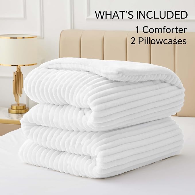 BEDELITE Fleece King Comforter Set, Fluffy Bed Set, Bright White | Super Soft & Warm Bedding, Luxury Fuzzy Faux Fur Comforter for Winter, Heavy Plush Bedding, with 2 Pillowcases