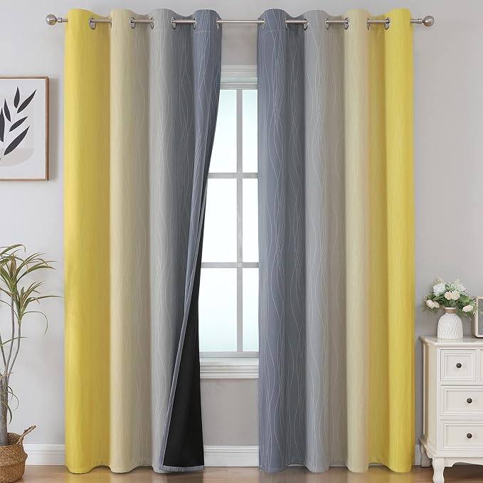 Yellow and Grey Ombre Blackout Curtains for Living Room 52Wx84L Inch Length | Estelar Textiler Room Darkening Gradient Curtains for Boys Bedroom,Thermal Insulated,Light Blocking Grommet Drapes,2 Panels