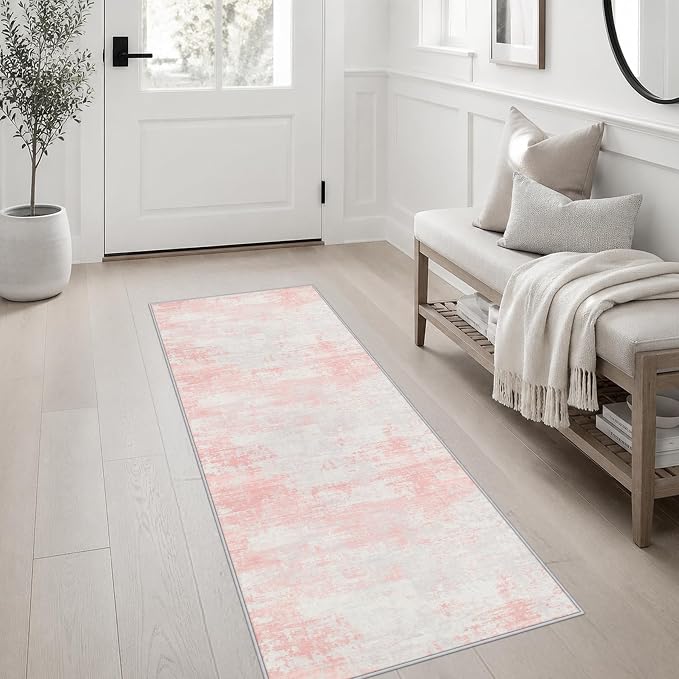 2x5 Washable Runner Rug：Modern Abstract Soft Carpet Pink White | For Hallway, Bedroom, Kitchen, Laundry, Bathroom,Door Mat,Modern Abstract,Machine washable,Non-Slip,Stain Resistant,Indoor
