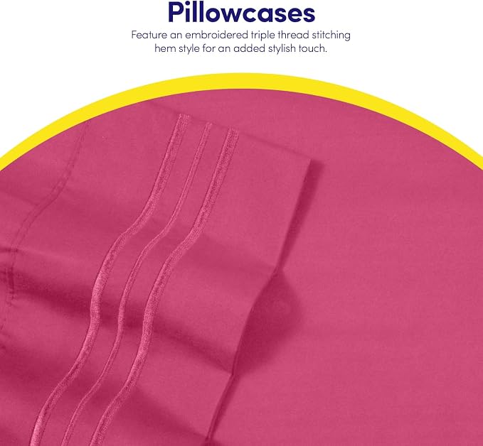 Full Size Sheet Set with Built-in Sheet Straps - Deep Pocket Fitted Sheet, Flat Sheet & Pillowcases - Soft, Wrinkle-Free, Secure Fit - Fuschia