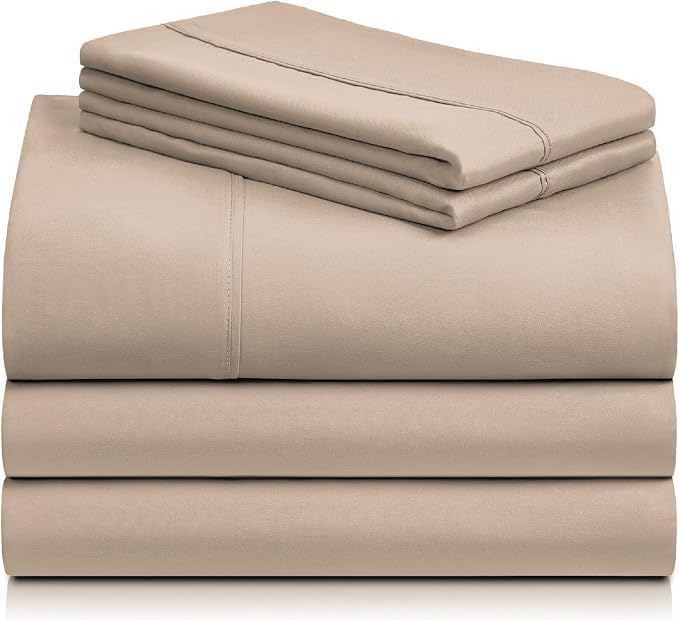 LuxClub 5 PC Split King Sheet Set, Deep Pockets Wrinkle Free Cooling Bed Sheets Hotel Bedding for Women, Men, Includes 2 Fitted Sheet, 1 Flat Sheet and 2 PillowcasesSoft Light Khaki | LuxClub Silky Fitted Sheet & Pillowcase Sets, Breathable Hotel Luxur...