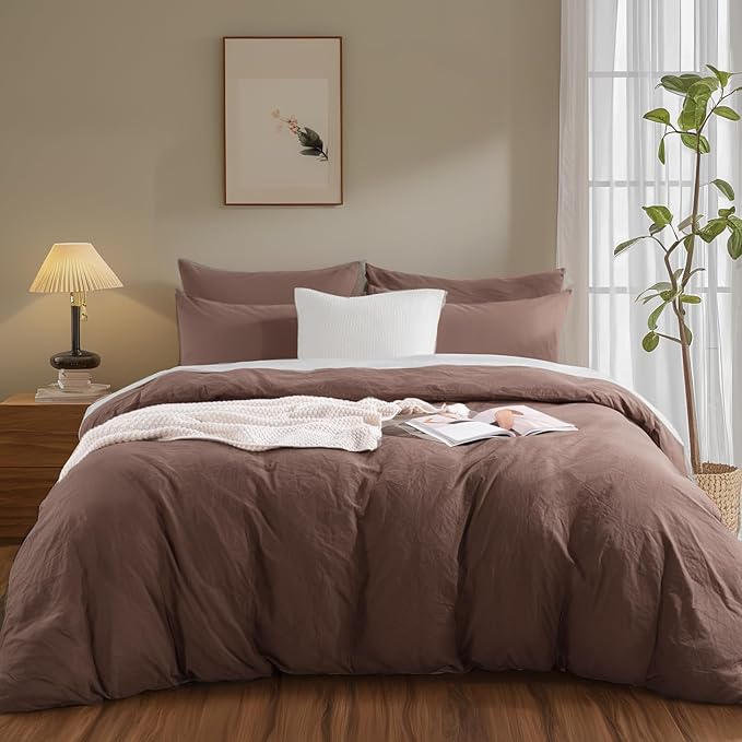 NEXHOME PRO Queen Duvet Cover Set 100% Certified Organic Cotton with Washed Feel & Linen-Like Texture, Comfortable & Breathable, Home Bedding Set Dark Brown (No Comforter)