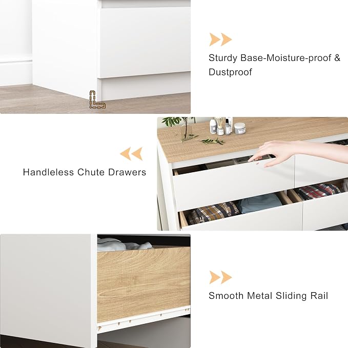 Vibe & Dine White Dresser for Bedroom, Modern 6 Drawer Double Dresser, Wide Chest of Drawers Free Handles for Closet, Living Room, Hallway