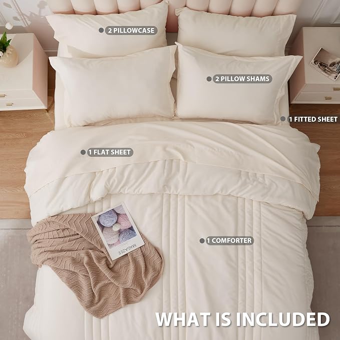 King Comforter Set Beige - Bed in a Bag King Size 7 Pieces, Soft Bedding Set for All Seasons, Premium King Comforter Set with Comforter, Sheets, Pillowcases & Shams