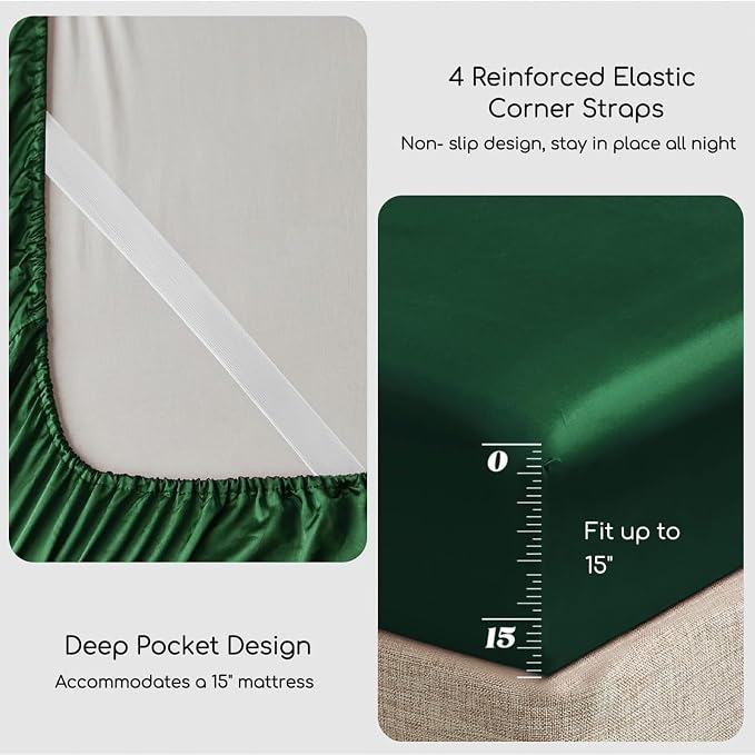 MR&HM Satin Sheets King Size with Elastic Corner Straps, Dark Green | Similar to Silk, 6-Piece Silky Soft Bed Sheet Set, Gentle on Skin and Hair, 15" Deep Pocket, Cooling & Breathable