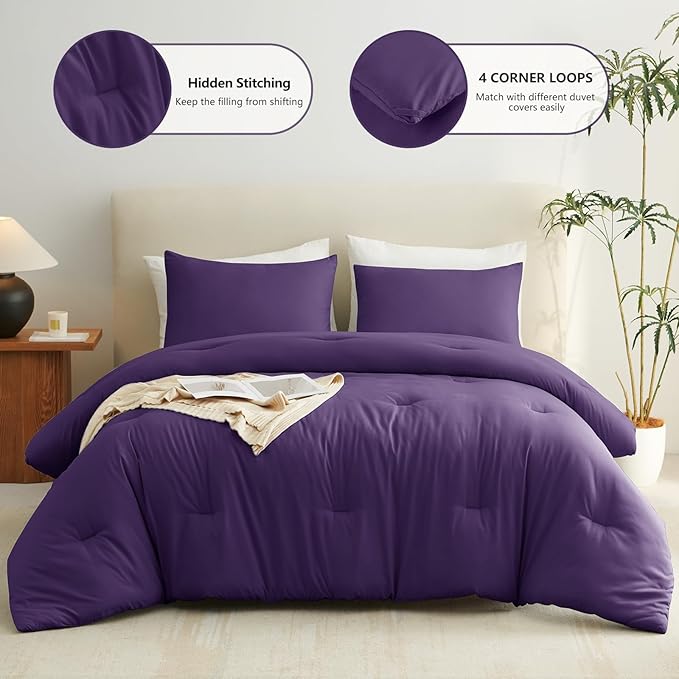 Full Comforter Set, 3 Pieces Down Alternative Bedding, Purple | 270 GSM All Season Comforter with 4 Corner Ties for Use as a Duvet Insert, OEKO-TEX Certified, 2 Pillowcases, 82 x 86 in