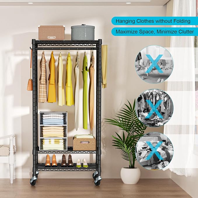FUTASSI Rolling Clothes Rack, Clothing Racks for Hanging Clothes, Black | P3 Mini Heavy Duty Garment Rack with Wheels, Freestanding Portable Closet Racks 23.6'' W x 14'' D x 78.5'' H, Max Load 430Lbs