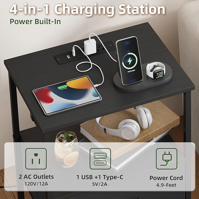 Somdot Nightstand Set of 2 with Charging Station & LED Light, Bedside Table | Dorm, Guest Room, Kids Room, Laundry, Closet, Entryway and Hallway, Black