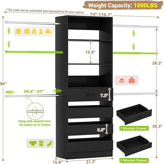 Aheaplus Closet System, 4-9Ft Closet Organizer with 4 Wooden Drawers, Black | Wood Closet Organizer System with Tower, Walk-in Closet Organizer Wardrobe Clothes Rack with 4 Hanging Rods, Garment Rack